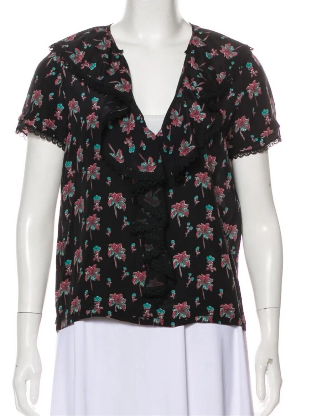 Prada silk v-neck short sleeve blouse black with abstract palm trees - S